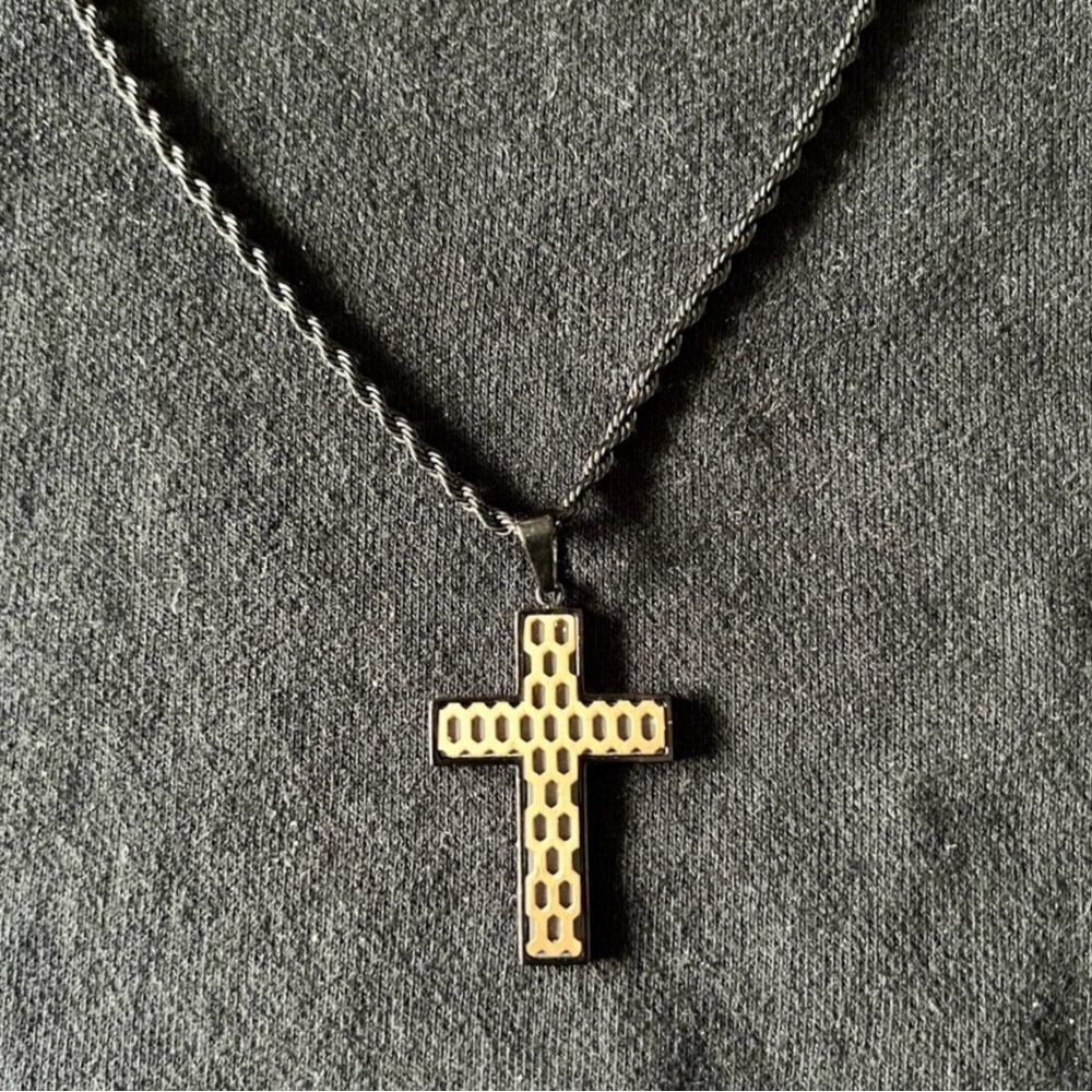 INOX Matte Black Rope Necklace with Cross